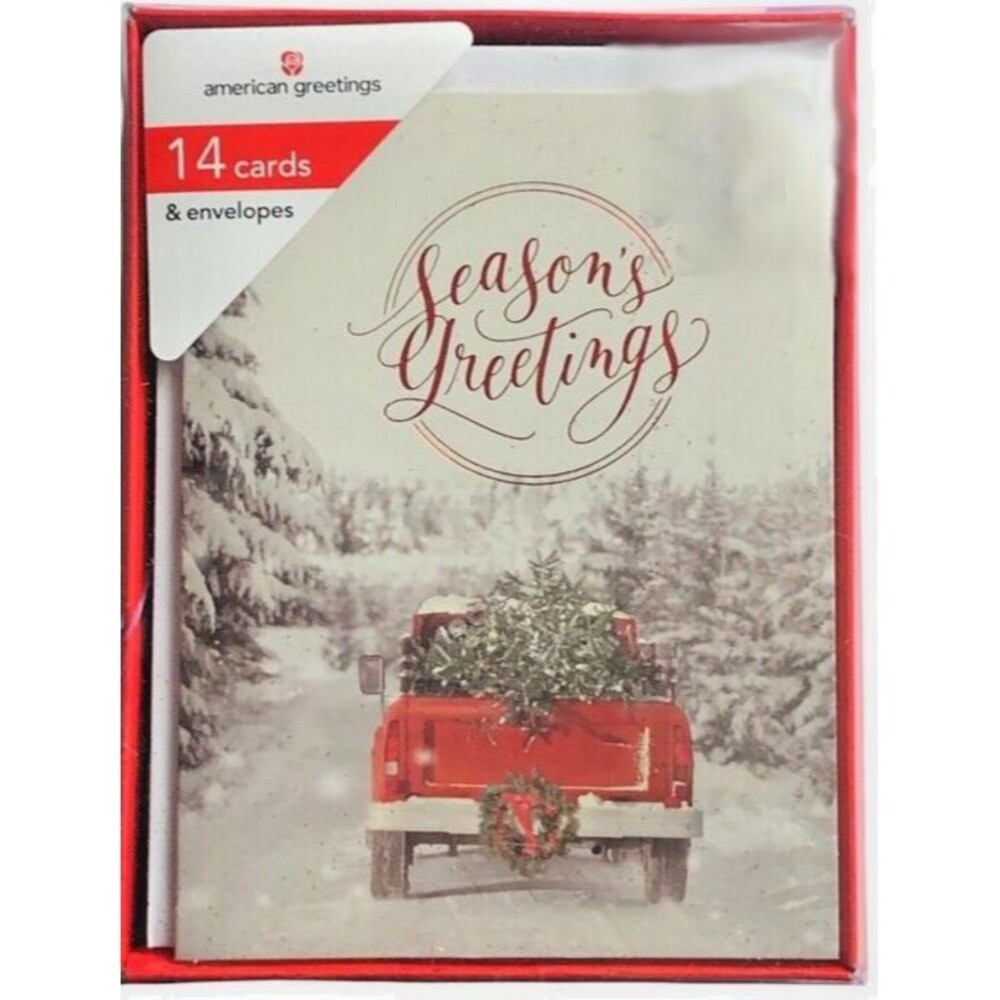 American Greetings Christmas Cards Red Farm Truck Boxed 14 Cards Envelopes 4x5"